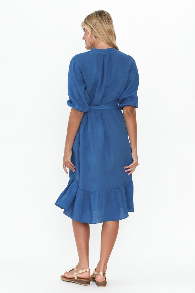 Mattea Blue Linen Ruffle Dress