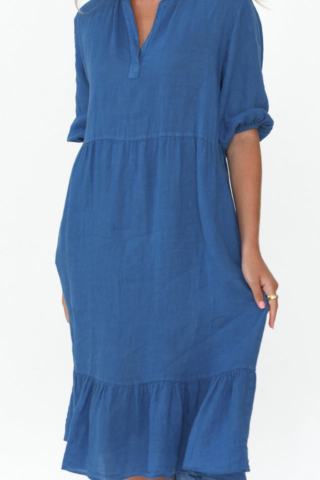 Mattea Blue Linen Ruffle Dress