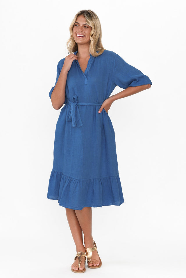 Mattea Blue Linen Ruffle Dress