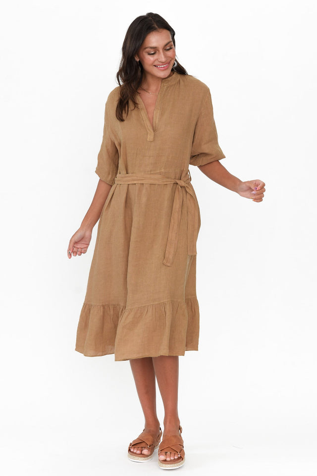 Mattea Camel Linen Ruffle Dress