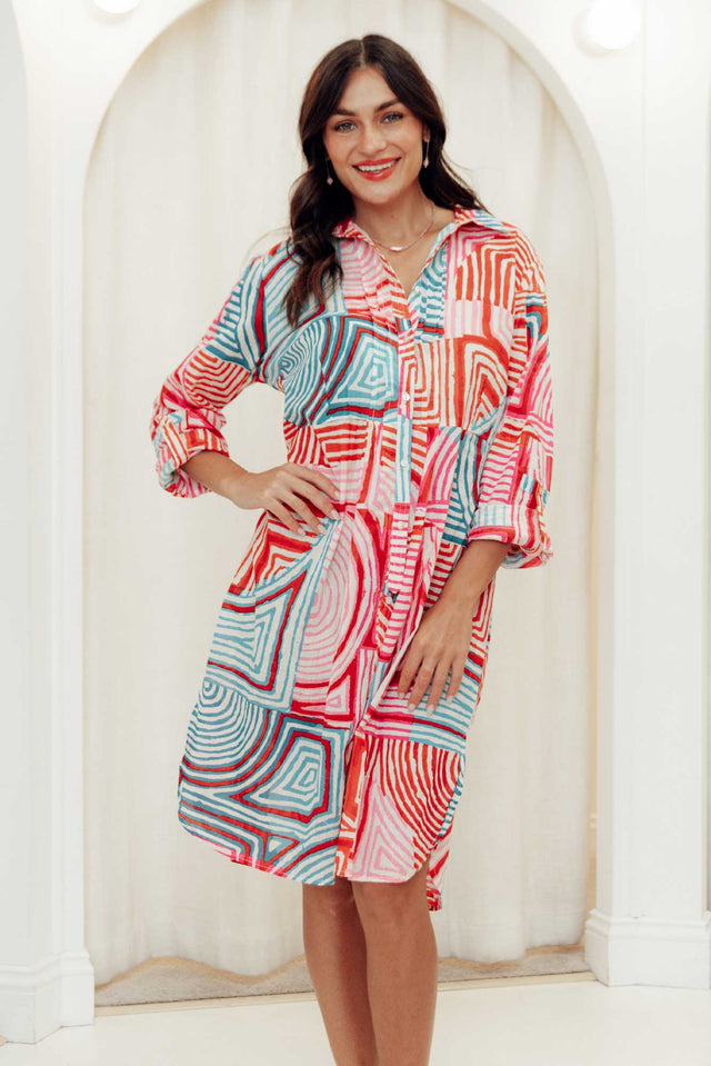 Maya Pink Geo Cotton Shirt Dress