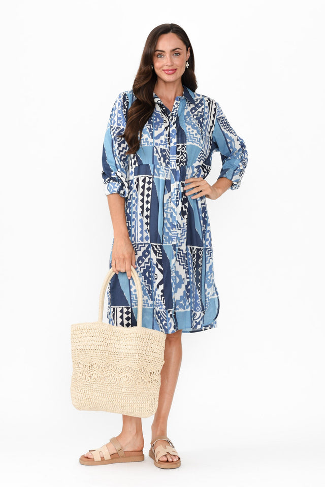 Maya Blue Motif Cotton Shirt Dress