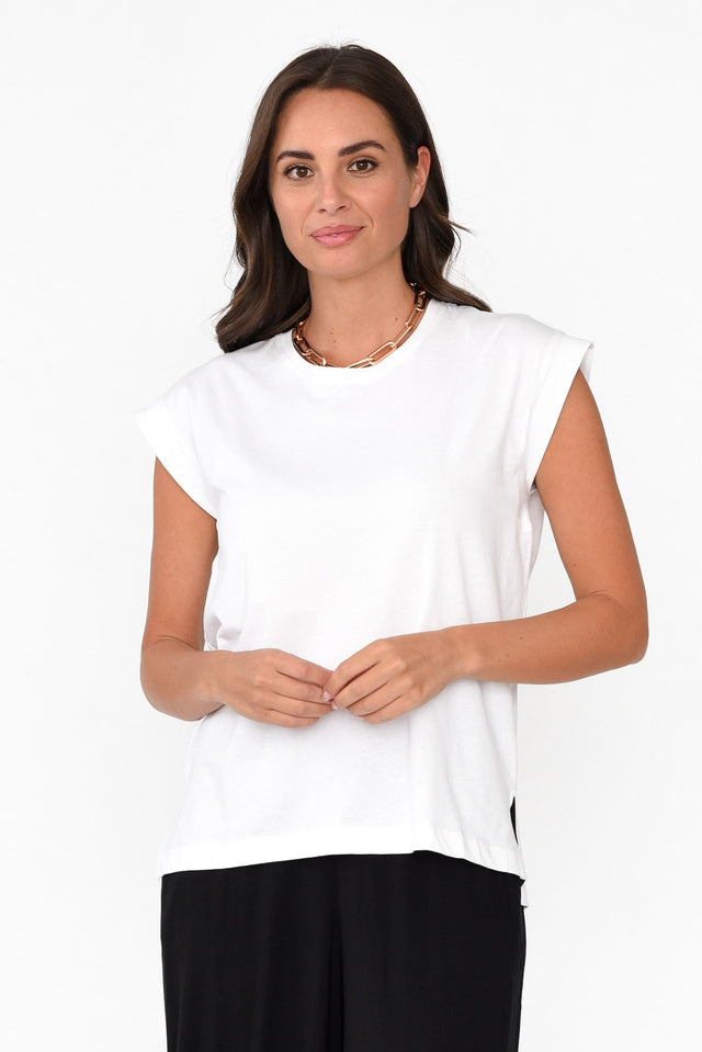 Michaela White Cotton Top neckline_Round  alt text|model:MJ image 2