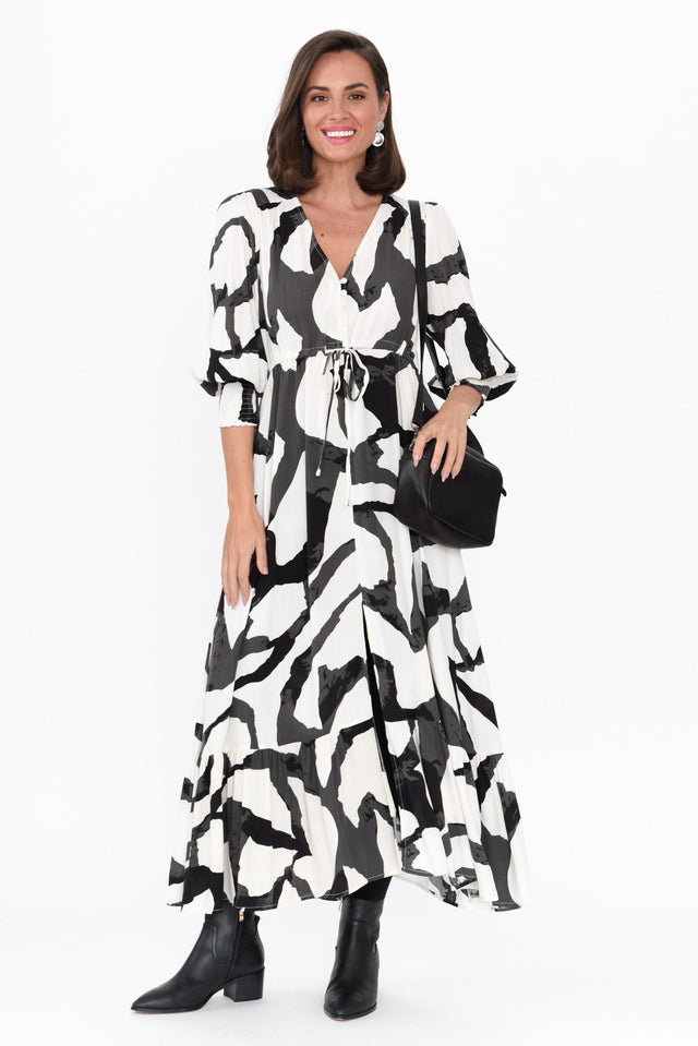 Millard Black Geo Tie Dress hem_Straight length_Maxi sleeve_Long neckline_V Neck sleevetype_Statement print_Geometric colour_Black DRESSES   alt text|model:MJ;wearing:US 4 image 2