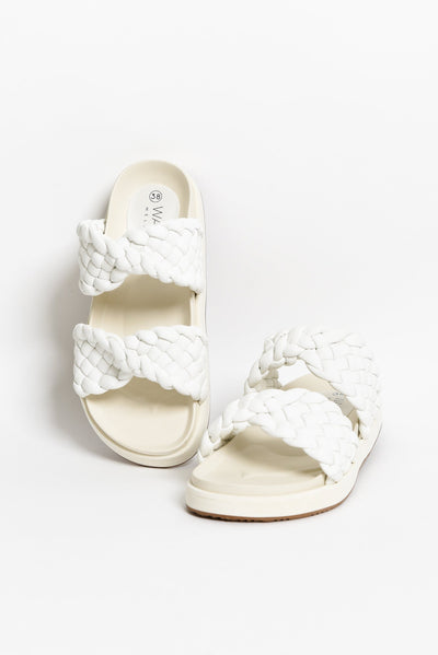 Mim White Leather Woven Slide