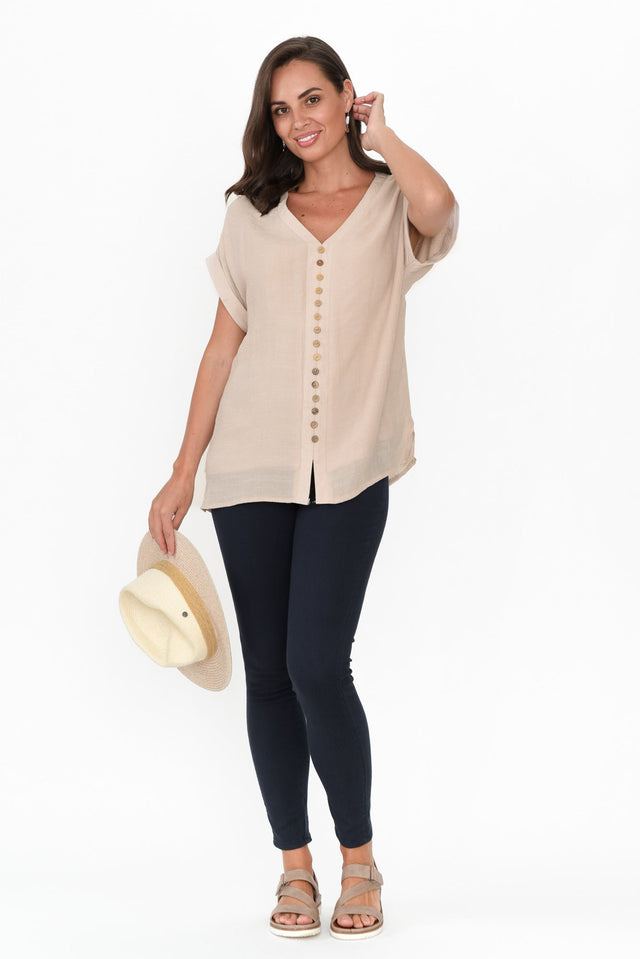 Miray Beige Cotton Blend Button Top image 2