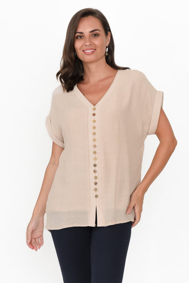 Miray Beige Cotton Blend Button Top neckline_V Neck   alt text|model:MJ