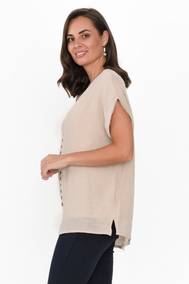 Miray Beige Cotton Blend Button Top