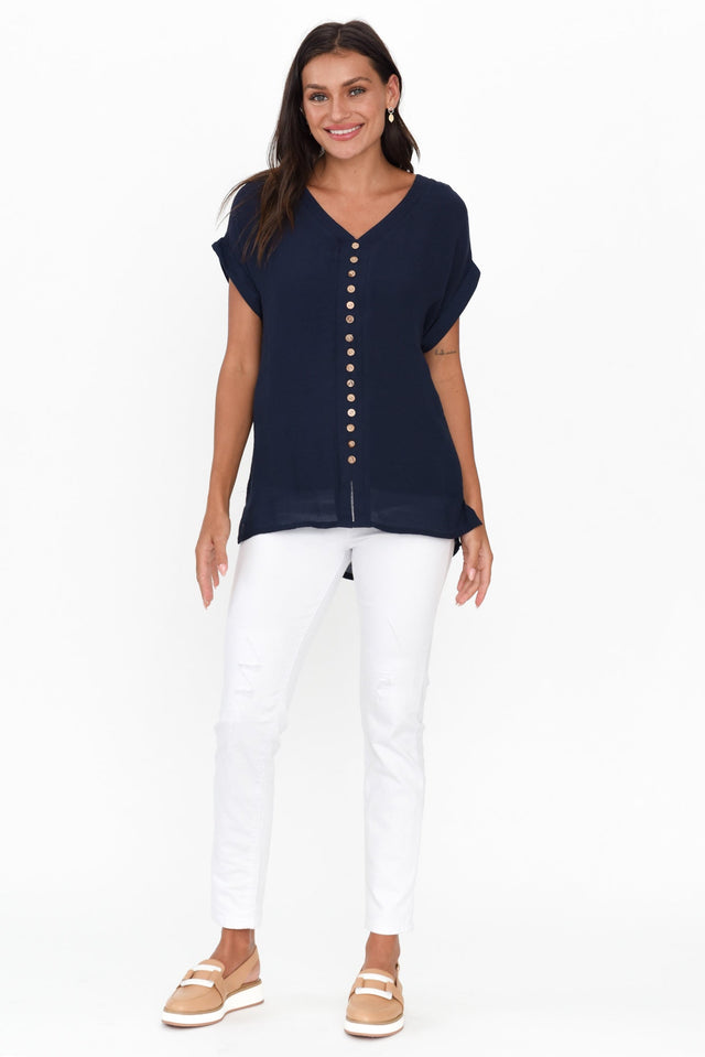 Miray Navy Cotton Blend Button Top