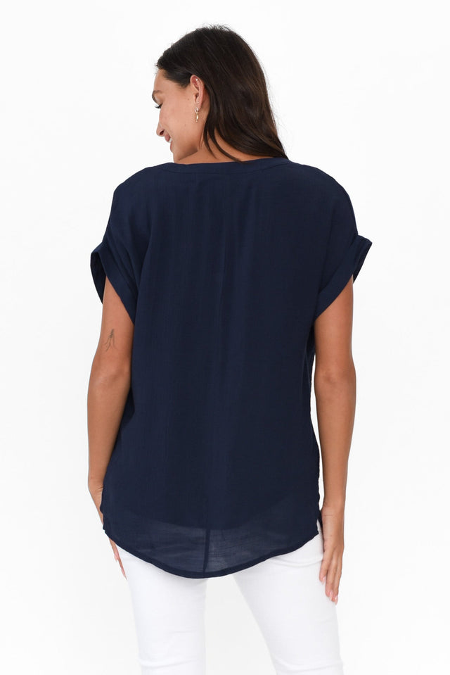 Miray Navy Cotton Blend Button Top