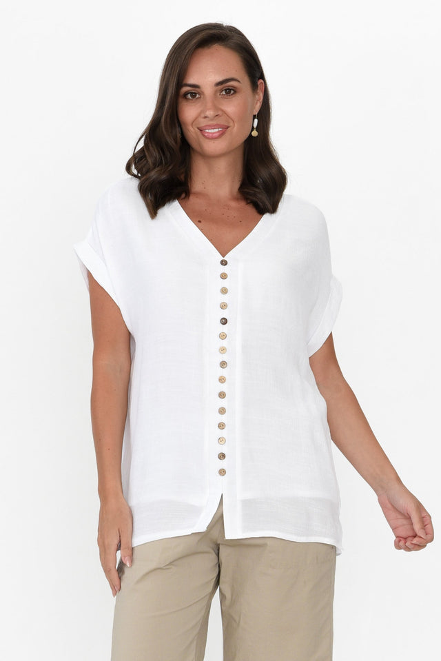 Miray White Cotton Blend Button Top neckline_V Neck   alt text|model:MJ image 1