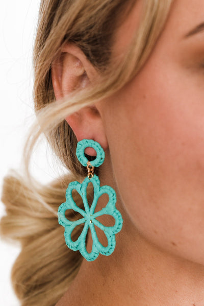 Mirta Teal Raffia Flower Earrings