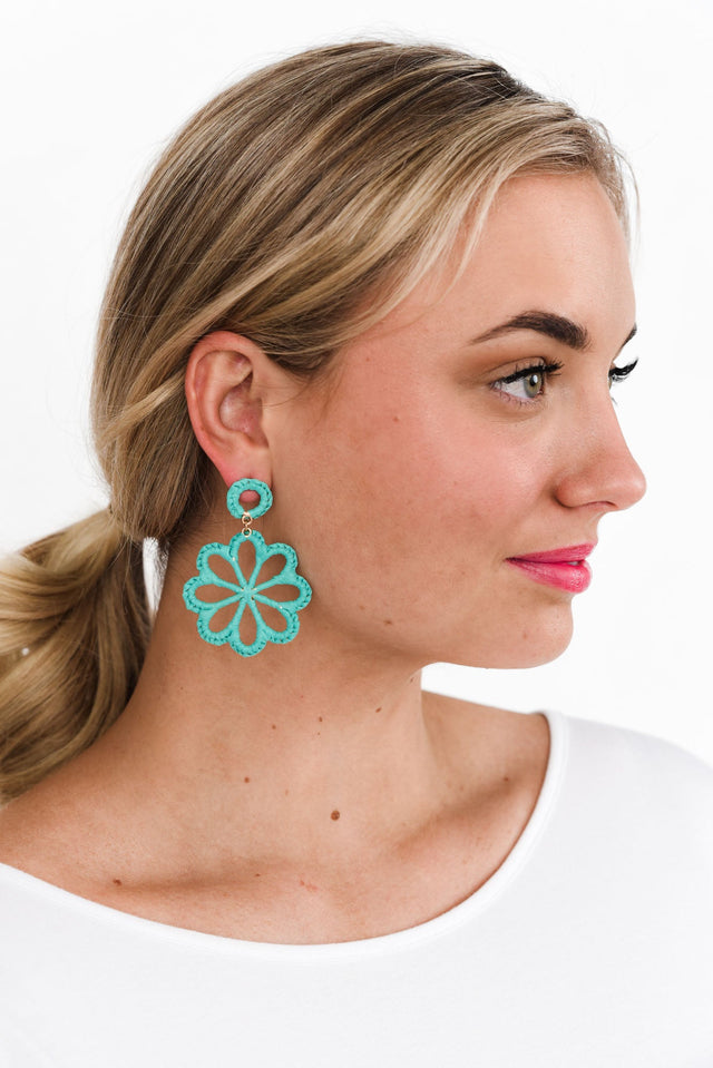Mirta Teal Raffia Flower Earrings image 2