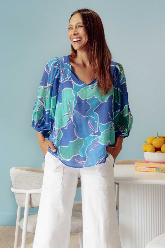 Misma Cobalt Floral V Neck Top