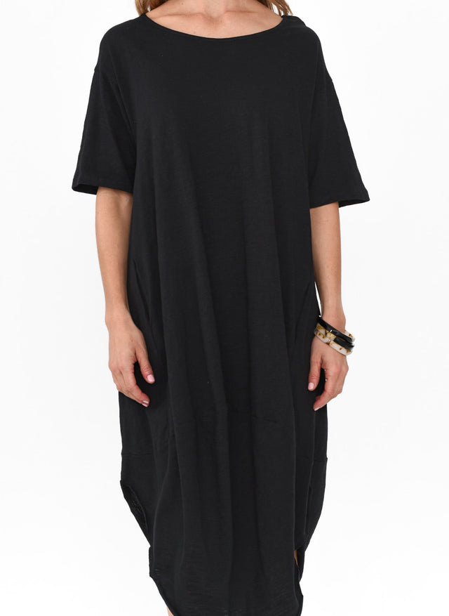 Mita Black Cotton Slub Scoop Dress