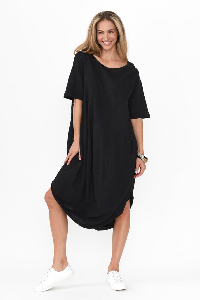 Mita Black Cotton Slub Scoop Dress