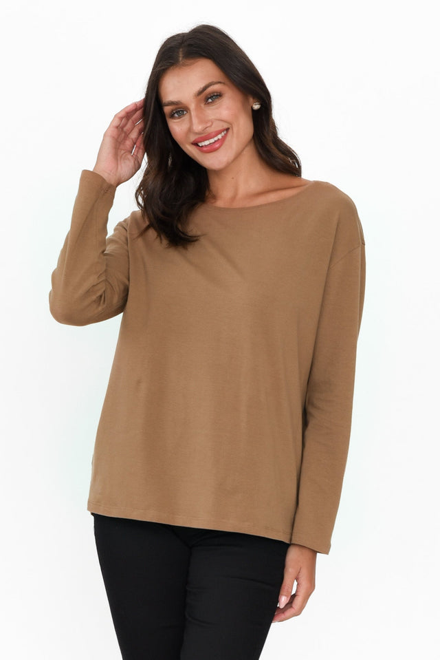 Moya Mocha Cotton Hi Lo Top neckline_Round  alt text|model:Brontie;wearing:XS