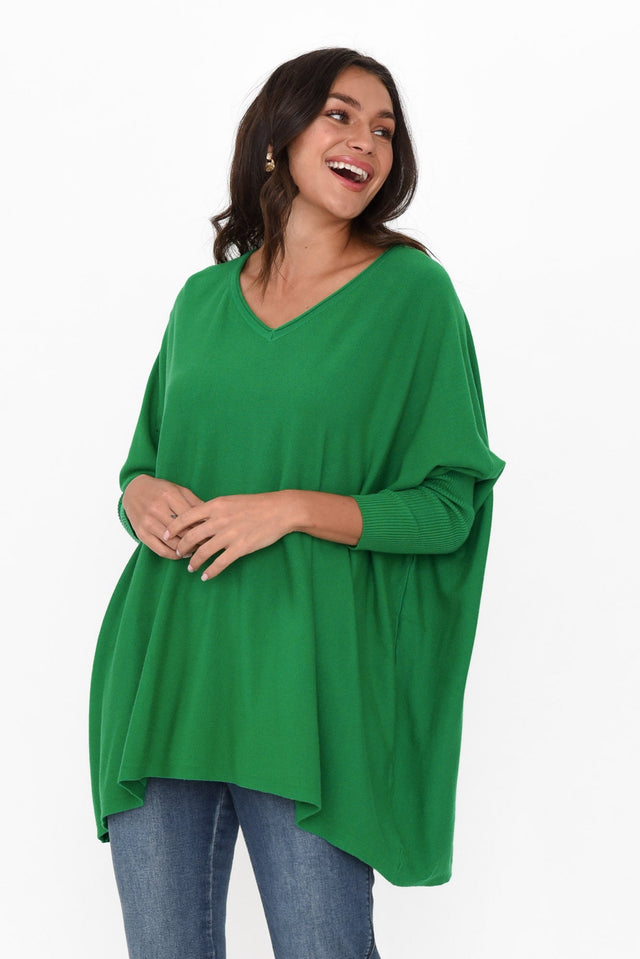 Nastia Green Wool Blend Jumper unknown neckline_V Neck hem_Hi Lo print_Plain sleeve_Long colour_Green JUMPERS  alt text|model:Brontie;wearing:S/M