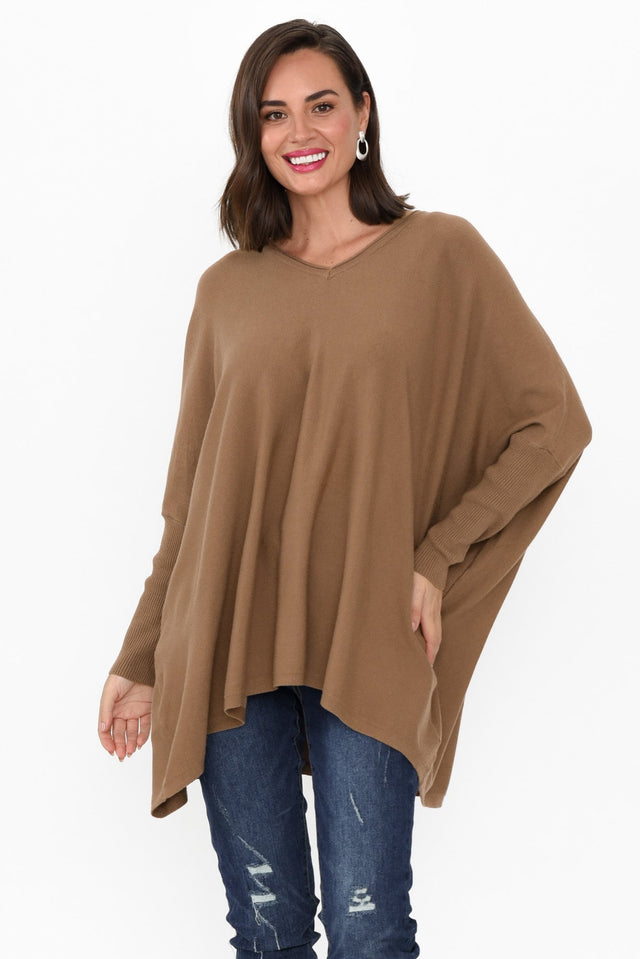 Nastia Mocha Wool Blend Jumper neckline_V Neck hem_Hi Lo print_Plain sleeve_Long colour_Brown JUMPERS   alt text|model:
MJ