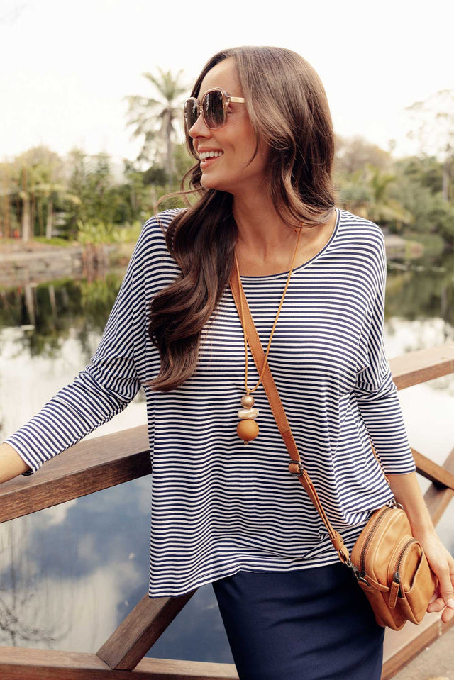 Navy and White Stripe Milan 3/4 Sleeve Top image 1