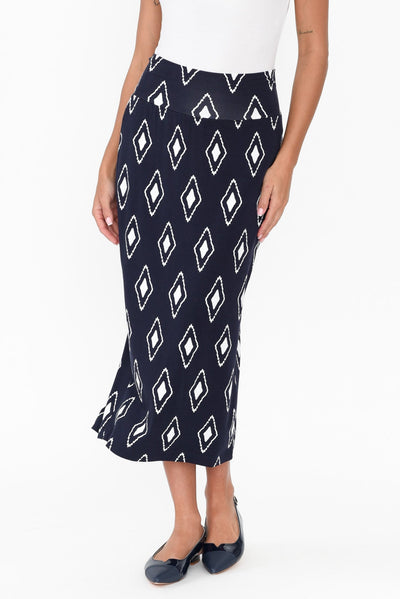 Navy Diamond Bamboo Maxi Tube Skirt length_Midi print_Geometric hem_Straight colour_Navy SKIRTS   alt text|model:Brontie