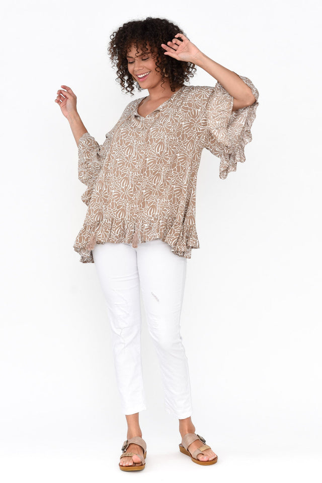 Nesryn Tan Botanical Tassel Ruffle Top image 3