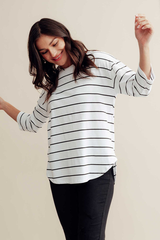 Orleans White Stripe Cotton 3/4 Sleeve Top