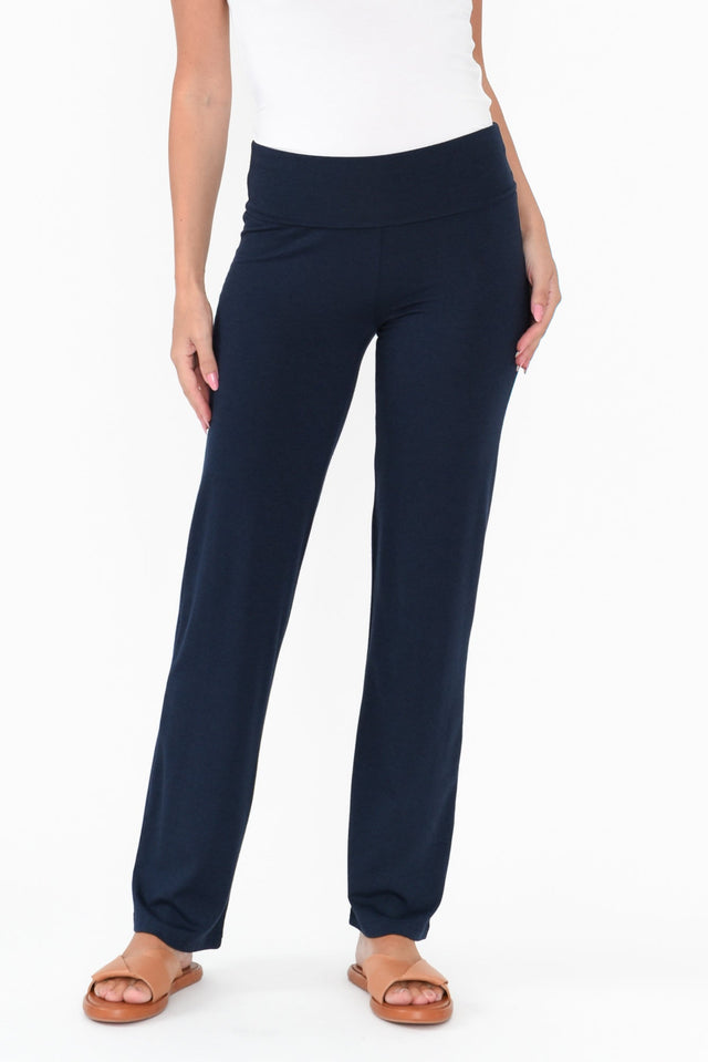 Pamela Dark Navy Bamboo Pants length_Full rise_High print_Plain colour_Navy PANTS    alt text|model:MJ image 1