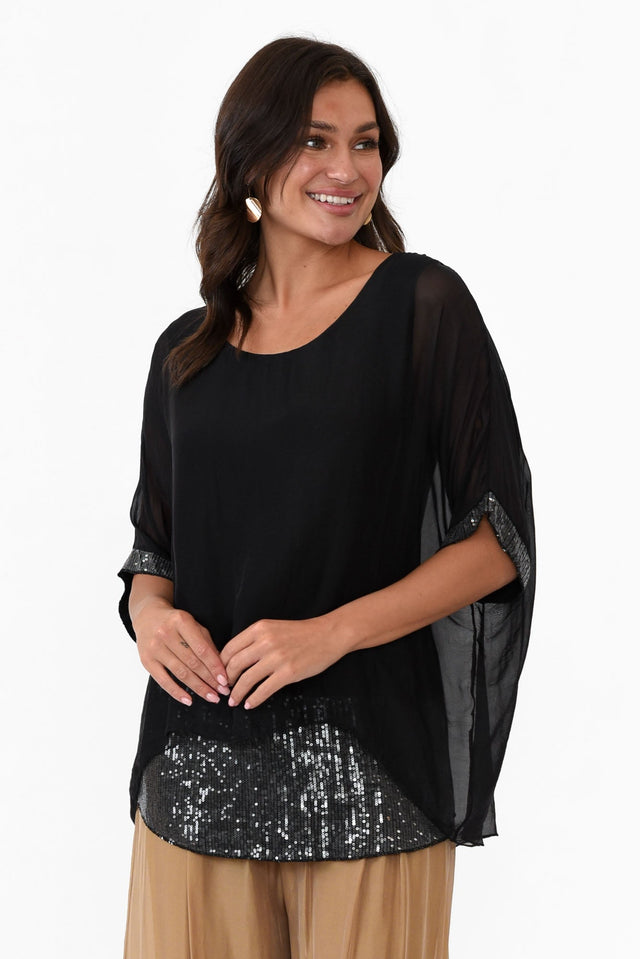 Parker Black Silk Sequin Top neckline_Round   alt text|model:Brontie image 1