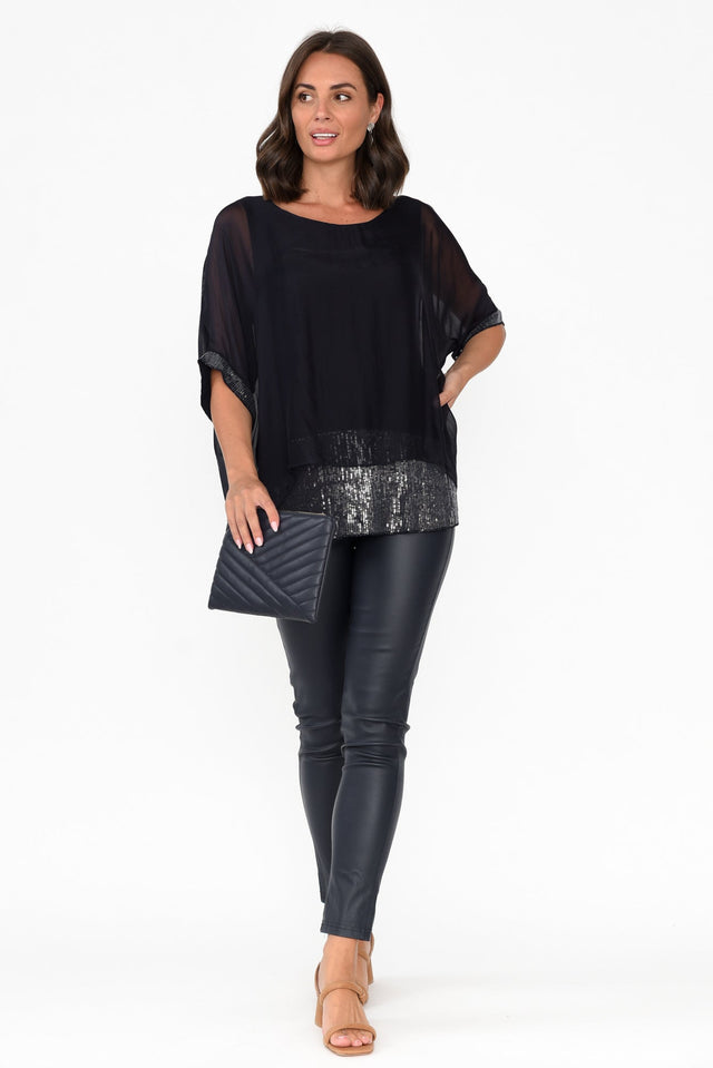 Parker Navy Silk Sequin Top