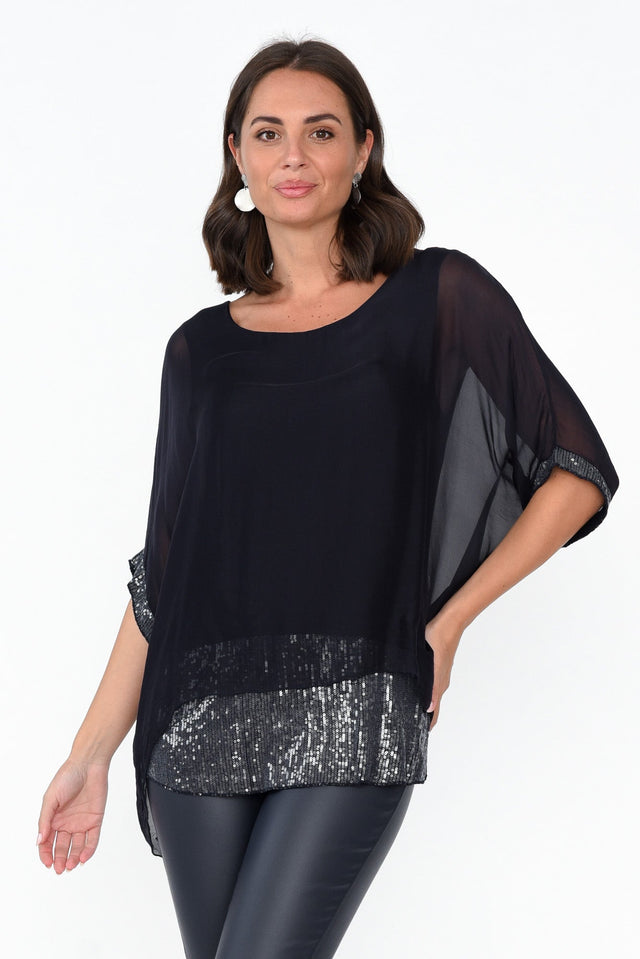 Parker Navy Silk Sequin Top neckline_Round alt text|model:MJ