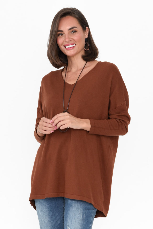 Piper Chocolate V Neck Knit Jumper neckline_V Neck hem_Hi Lo print_Plain sleeve_Long colour_Brown JUMPERS   alt text|model:MJ