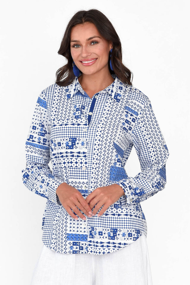 Pomona Blue Mosaic Cotton Shirt neckline_V Neck  alt text|model:Brontie;wearing:XS image 1