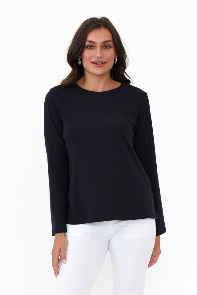 Porter Navy Cotton Long Sleeve Top neckline_High   alt text|model:Brontie