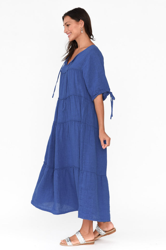 Prairie Cobalt Gathered Linen Dress