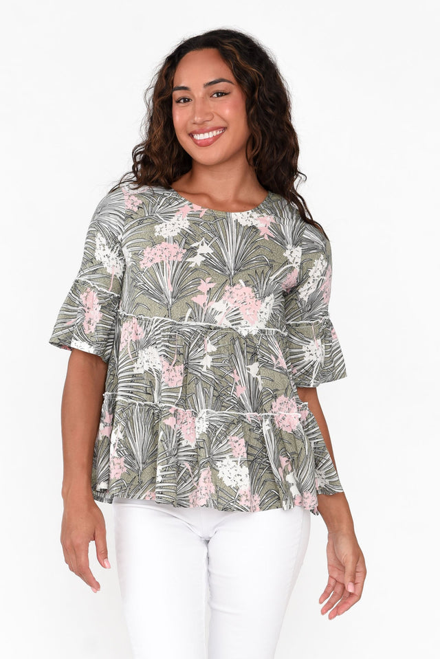 Protaras Sage Tropical Cotton Blend Top neckline_Round  alt text|model:Demi;wearing:US 4