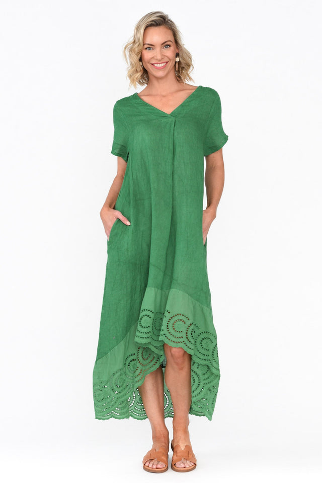 Ravella Green Linen V Neck Dress image 2