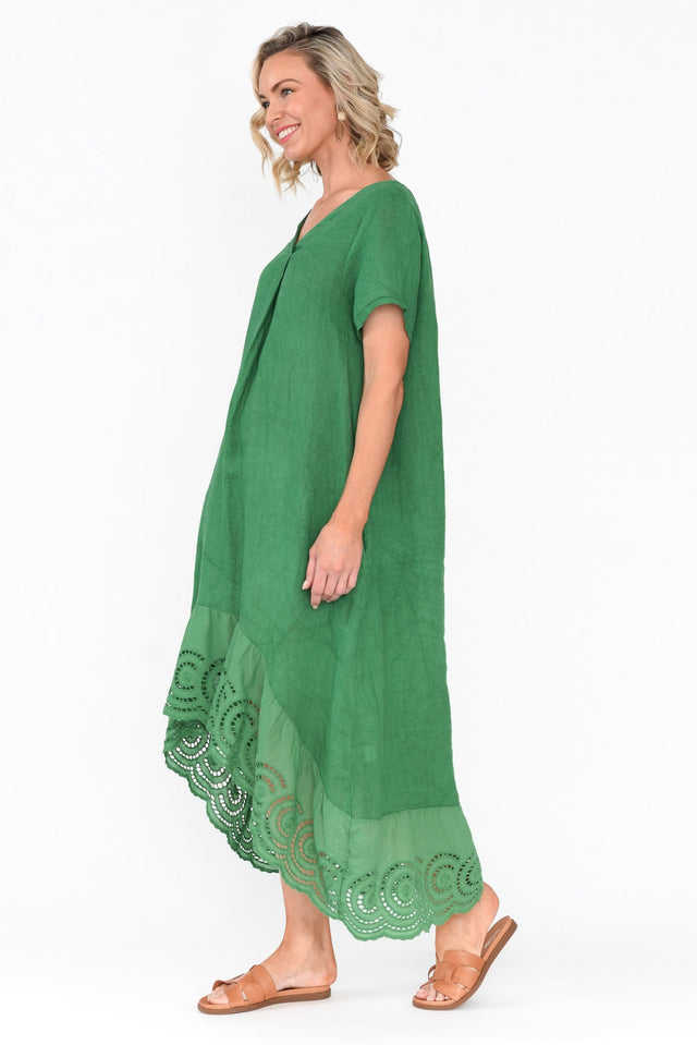 Ravella Green Linen V Neck Dress