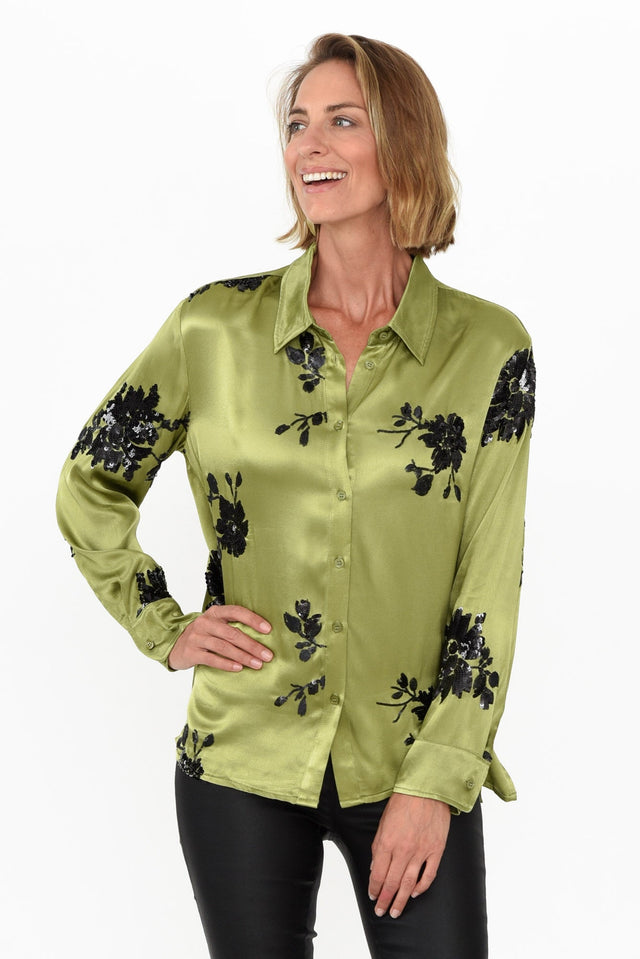 Sabelle Khaki Flower Sequin Shirt neckline_V Neck  alt text|model:Riina;wearing:US 4