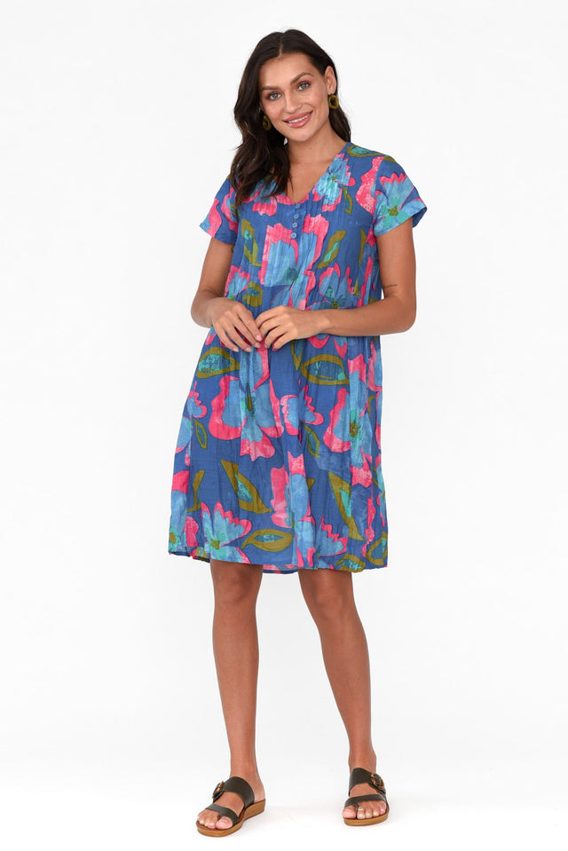 Sabina Blue Flower Crinkle Cotton Dress