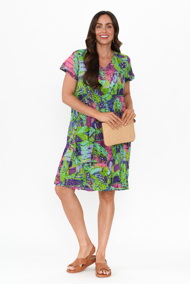 Sabina Turquoise Leaf Crinkle Cotton Dress