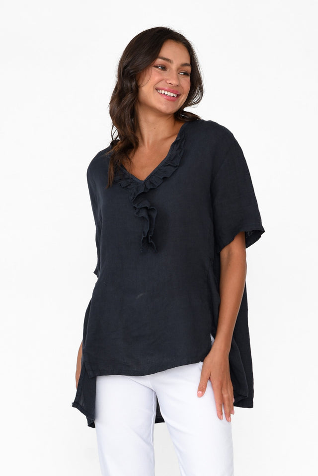 Santaz Navy Linen Ruffle Top neckline_V Neck  alt text|model:Brontie;wearing:S/M