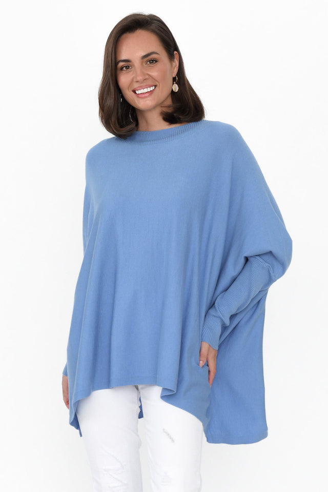 Scottie Blue Cotton Blend Button Jumper neckline_Round print_Plain sleevetype_Batwing length_Long hem_Hi Lo sleeve_Long TOPS    alt text|model:MJ