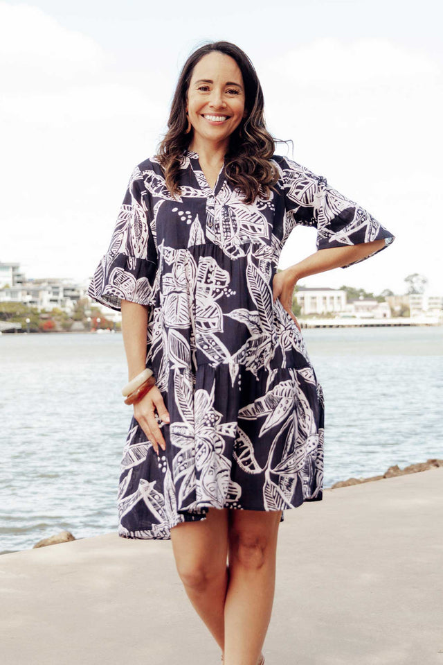 Senna Navy Tropical Cotton Dress