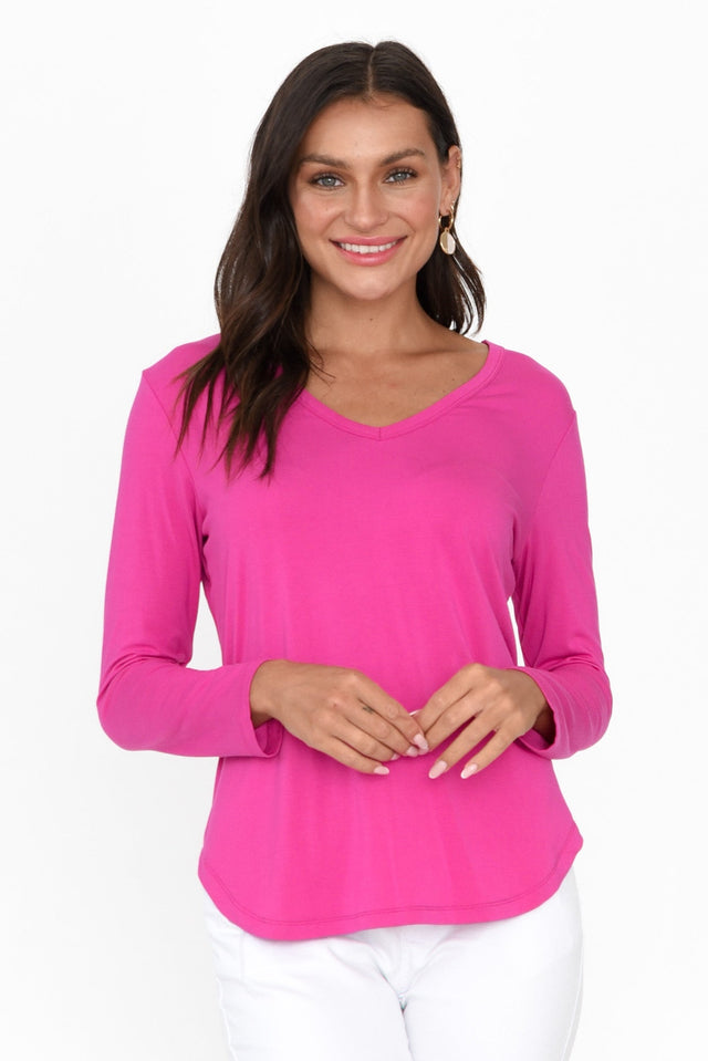 Sia Magenta Bamboo V Neck Top neckline_V Neck  alt text|model:Brontie;wearing:XS image 1