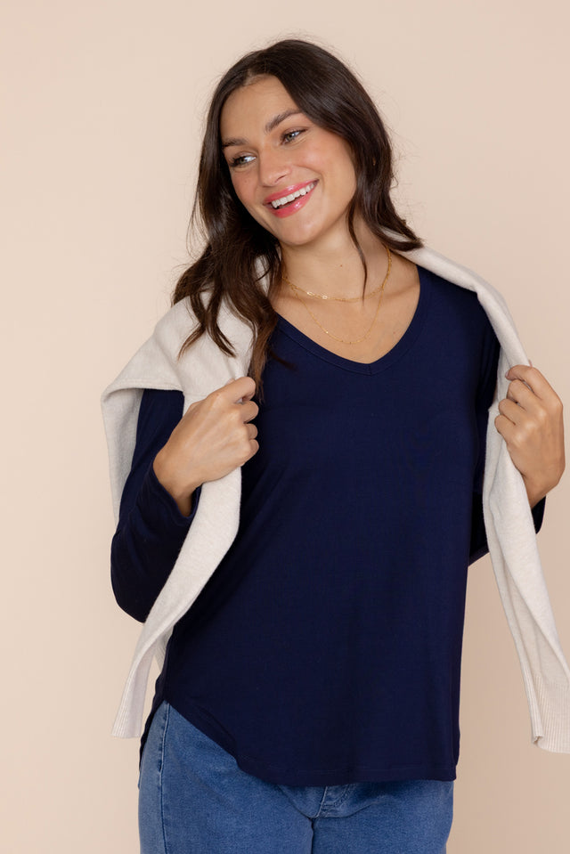 Sia Navy Bamboo V Neck Top