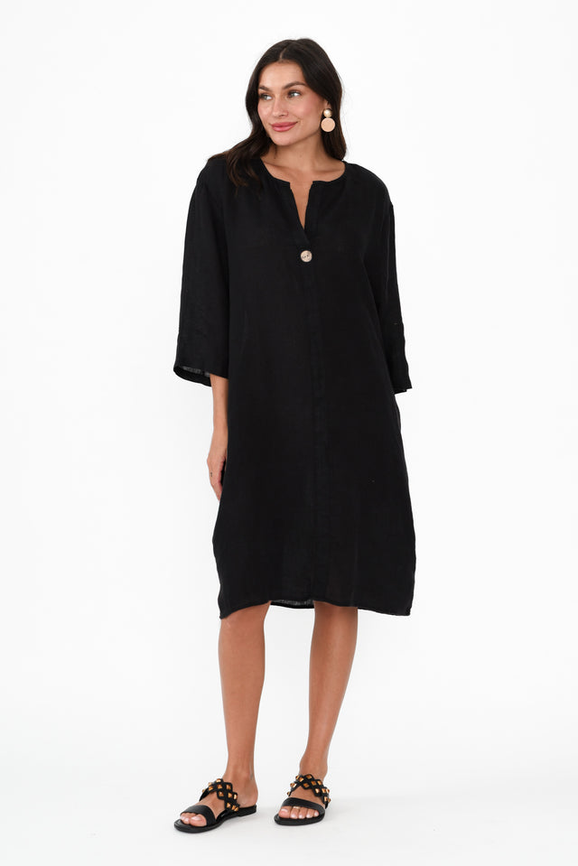 Sian Black Linen V Neck Dress