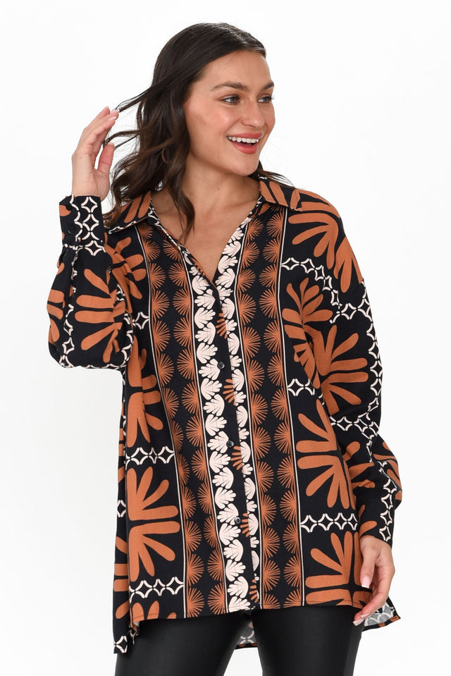 Silia Brown Geo Collared Shirt neckline_V Neck print_Abstract sleevetype_Statement length_Long hem_Straight sleeve_Long TOPS   alt text|model:Brontie;wearing:S image 1
