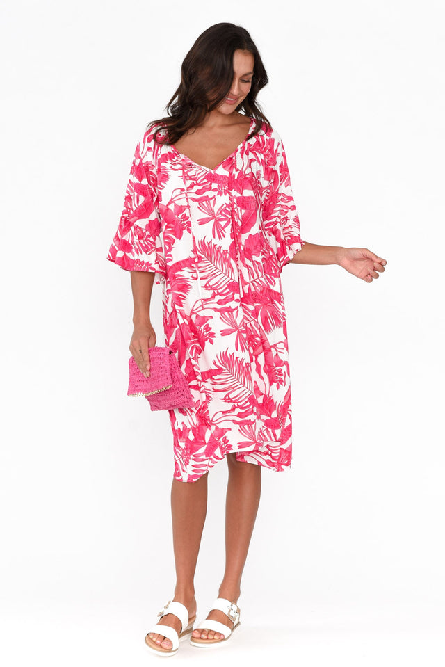 Sophia Fuchsia Palm Bell Sleeve Dress