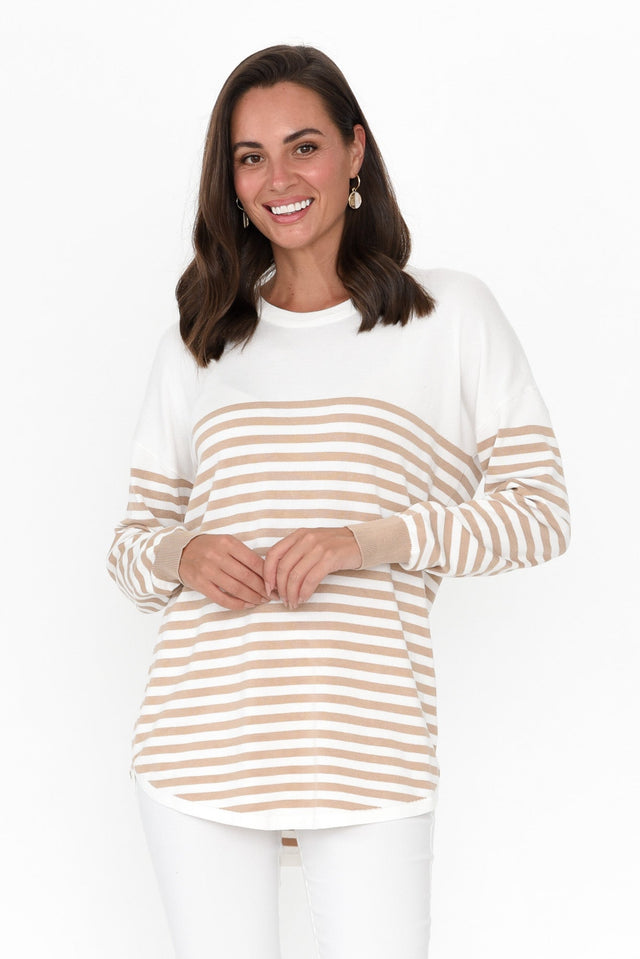 Sophie Beige Stripe Knit Jumper neckline_Round   alt text|model:MJ